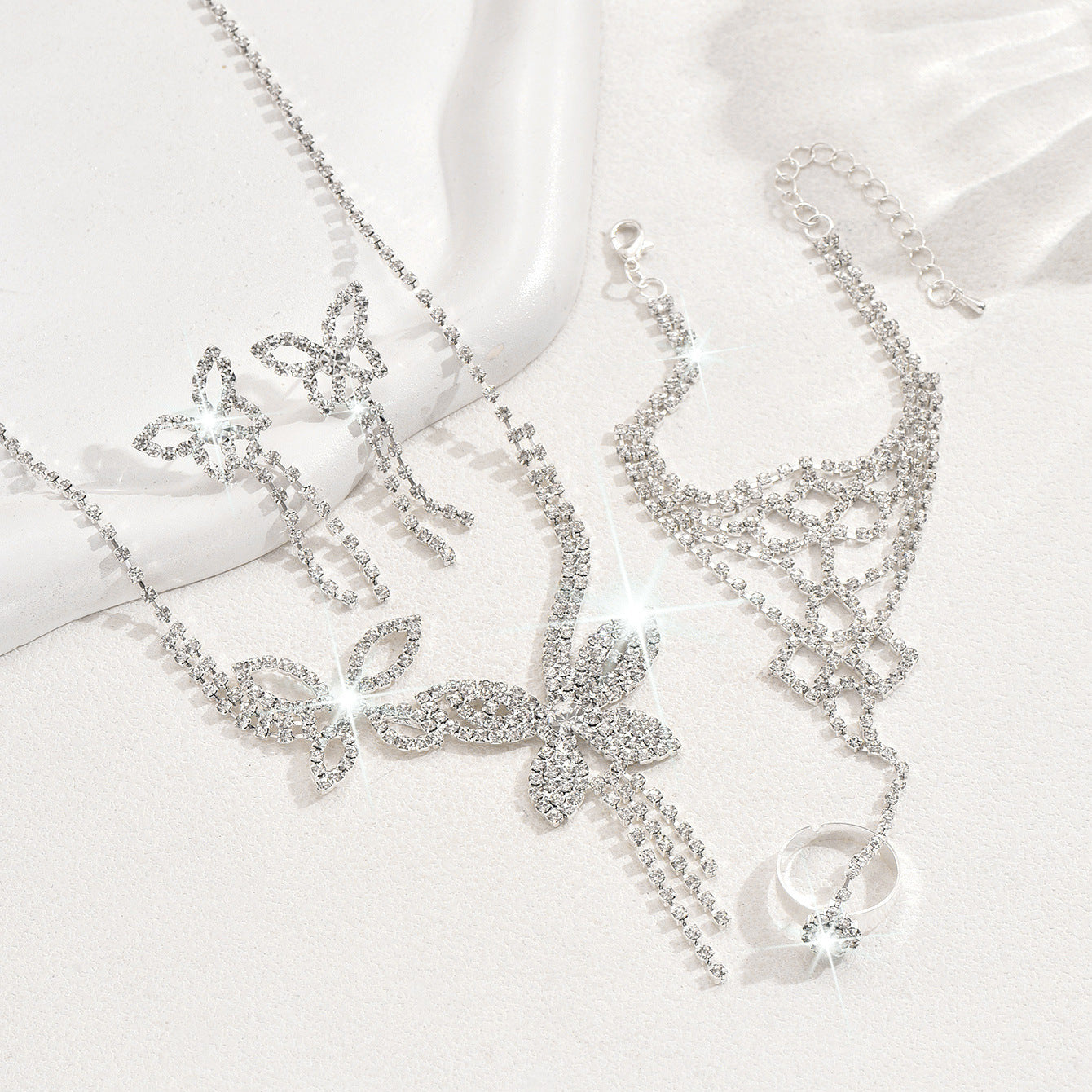 Butterfly Tassel Rhinestone Necklace Earring Bracelet 3 Pieces Suit LadyShow.Store