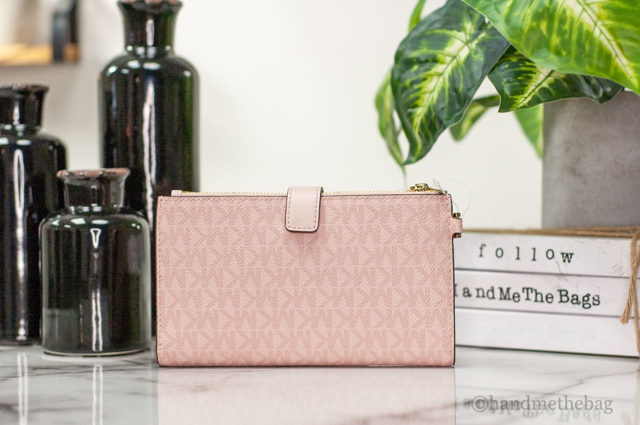 Michael Kors Jet Set Travel Dark Powder Blush PVC Large Double Zip Wrist Wallet LadyShow.Store