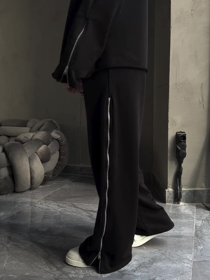 Black Side Zip Detail Oversized Sweatshirt & Wide-Leg Pants Set NorixaFashion.com