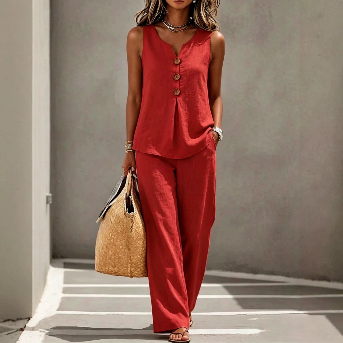 Womens V-neck Buttoned Sleeveless Vest Top Set Two-piece Outfit NorixaFashion.com