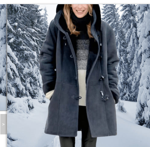 Winter Vintage Button Jackets Women's Warm Fleece Hooded Coat Casual Mid-Length Trench Top Outwear Clothing NorixaFashion.com