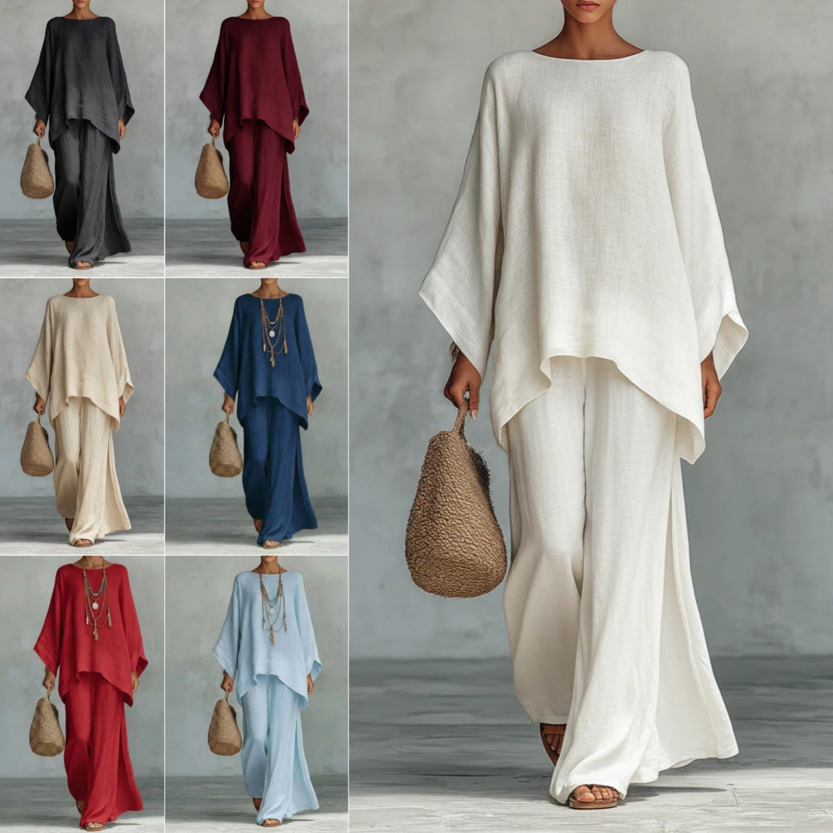Casual 2-piece Set Loose Long-sleeved Wide-leg Trousers For Womens Minimalist Relaxed-fit Top And Wide-leg Pants Set For Daily Wear Work Vacation Outfits NorixaFashion.com