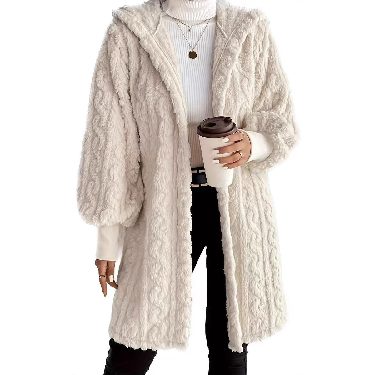 Hooded Double-sided Plush Cuff Thread Long Coat NorixaFashion.com