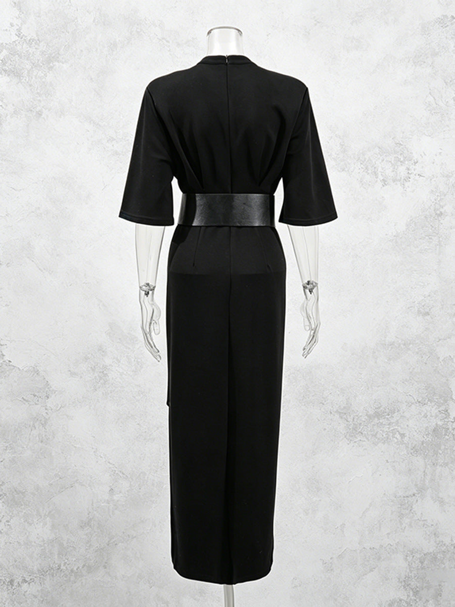 Contrast Lace Corset Panel Midi Bodycon Dress With Wide Belt NorixaFashion.com