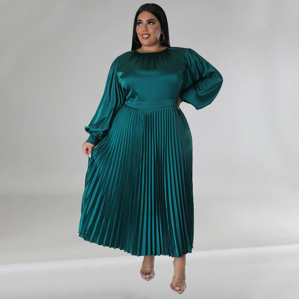 Pleated Round-neck Long Dress Women NorixaFashion.com