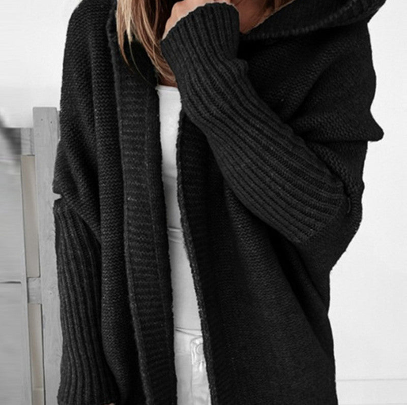 2026 Women's Hooded Batwing Sleeve Loose Backspliced Knitted Sweater Pullover NorixaFashion.com
