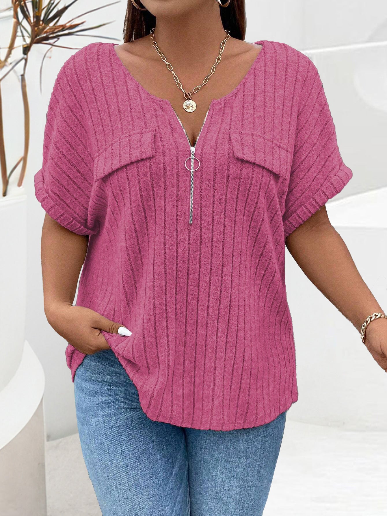 Solid-color Plus-size Top With Zipper Short Sleeves And Faux Pockets NorixaFashion.com