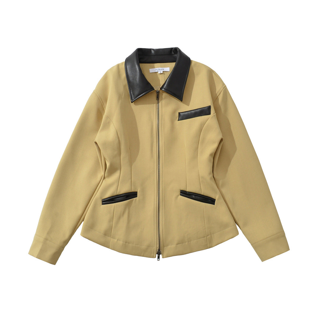 Retro Lapels Contrast Color Waist-tight Motorcycle Slim-fit Leather Coat Zipper Jacket LadyShow.Store