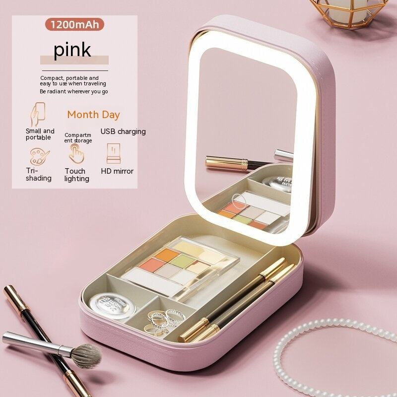 Makeup Storage Box With LED Light Mirror Portable Travel Makeup Cosmetics Storage Box Touch Light Storage Organizer LadyShow.Store