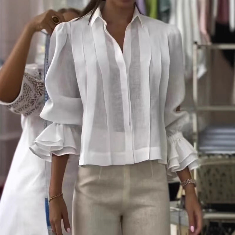 Pleated Solid Color Stitching Short Sleeve Shirt NorixaFashion.com