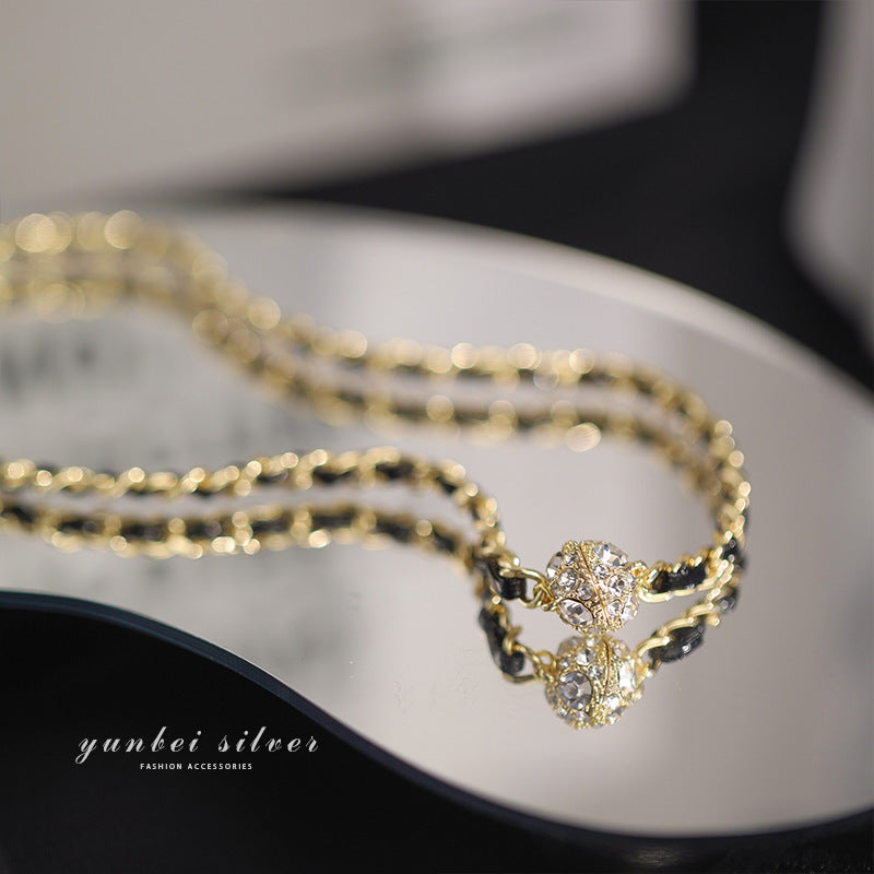 Retro Elegant Leather Winding Chain Diamond Magnetic Necklace