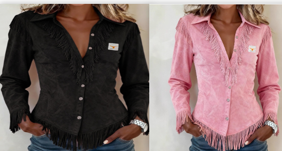 Western Cowboy-Style Suede Fringe Slim-Fit Long-Sleeve Shirt NorixaFashion.com