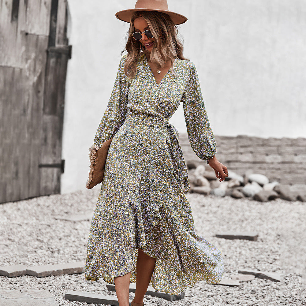 Autumn And Winter Floral Dress With Chest Wrap And Tie Large Swing Skirt Leisure Holiday Style LadyShow.Store
