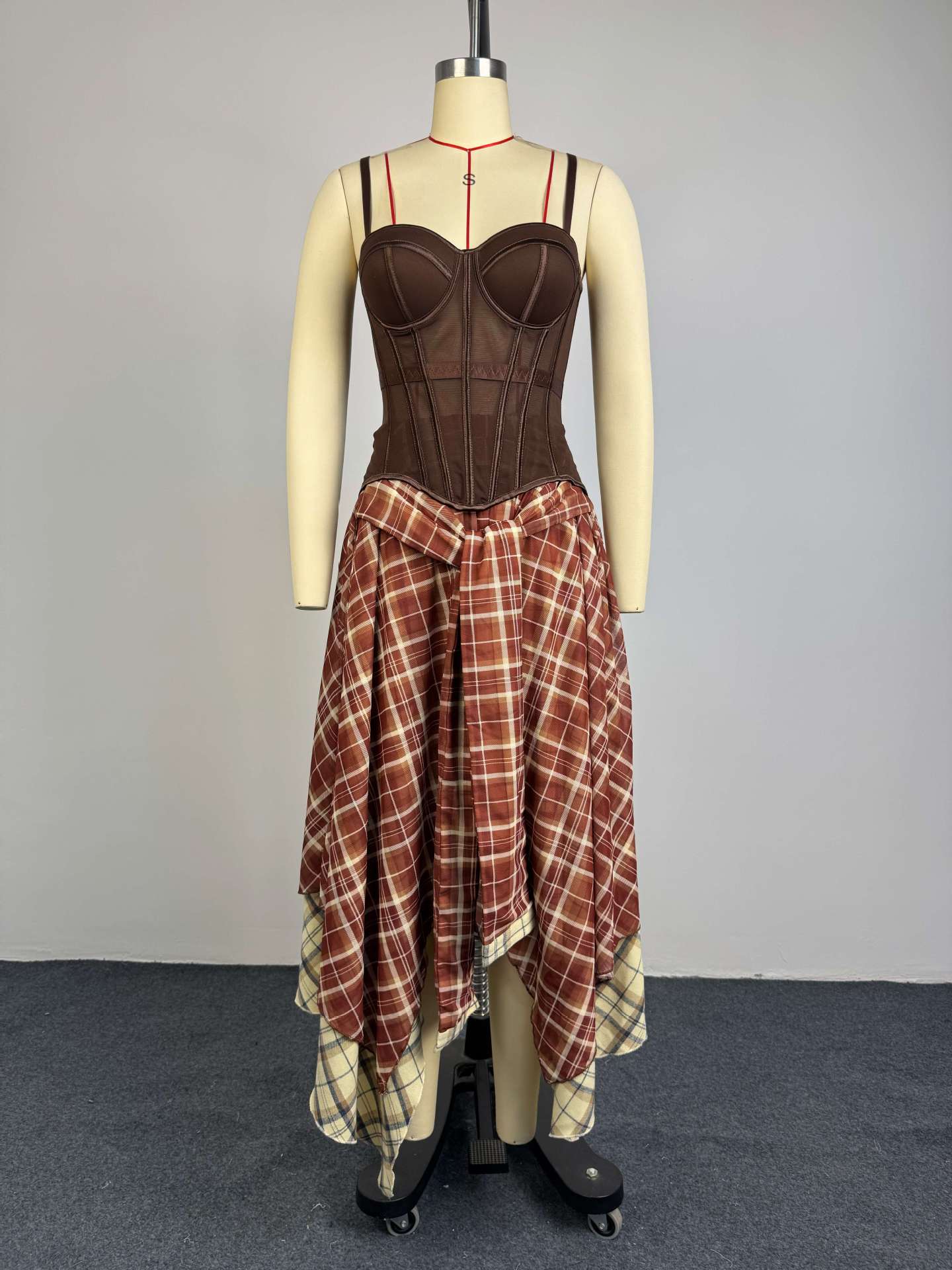 Brown Corset Top & Plaid Asymmetrical Skirt 2-Piece Set NorixaFashion.com