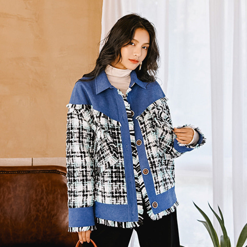 Loose Checkered Top and Fringe Jacket for Women Pi-Mart