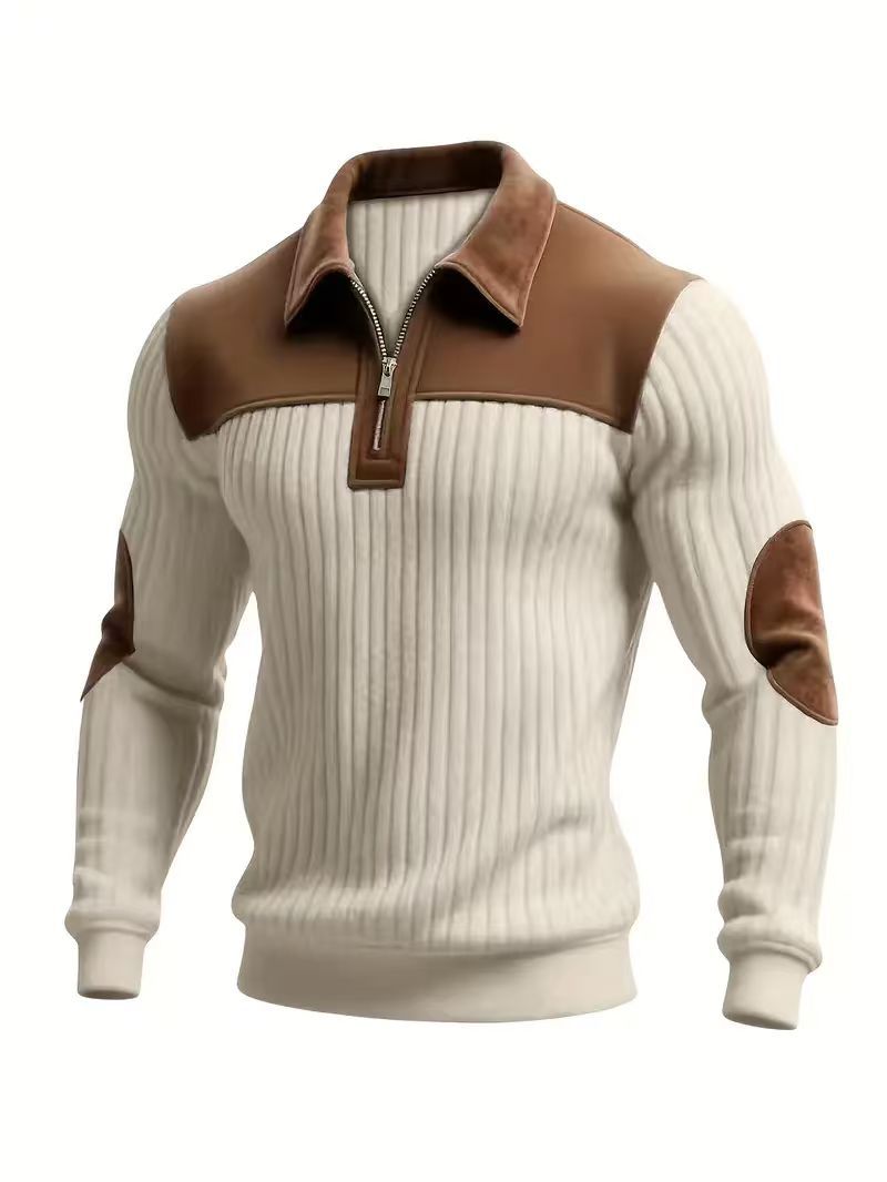 Notched-collar Patchwork Knit Top With Embroidered Zipper Hoodie CJD