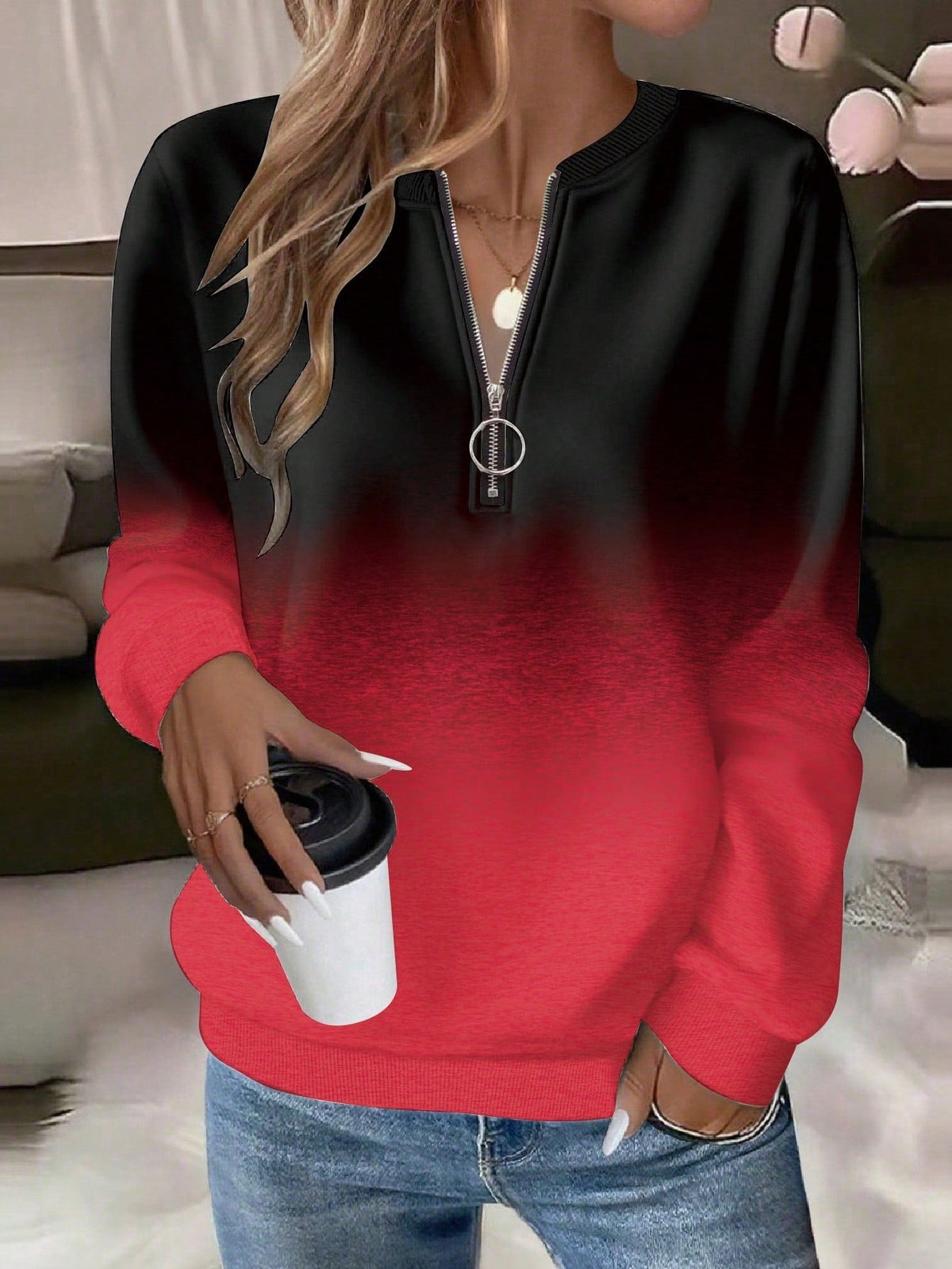 2026 New Autumn And Winter Amazon Independent Site Wish Printed Long Sleeve HalfZip Women's Hoodie NorixaFashion.com