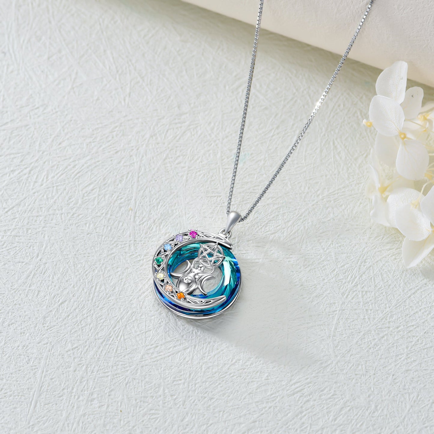 Chakra Triple Moon Goddess Crystal Necklace In White Gold Plated Sterling Silver LadyShow.Store