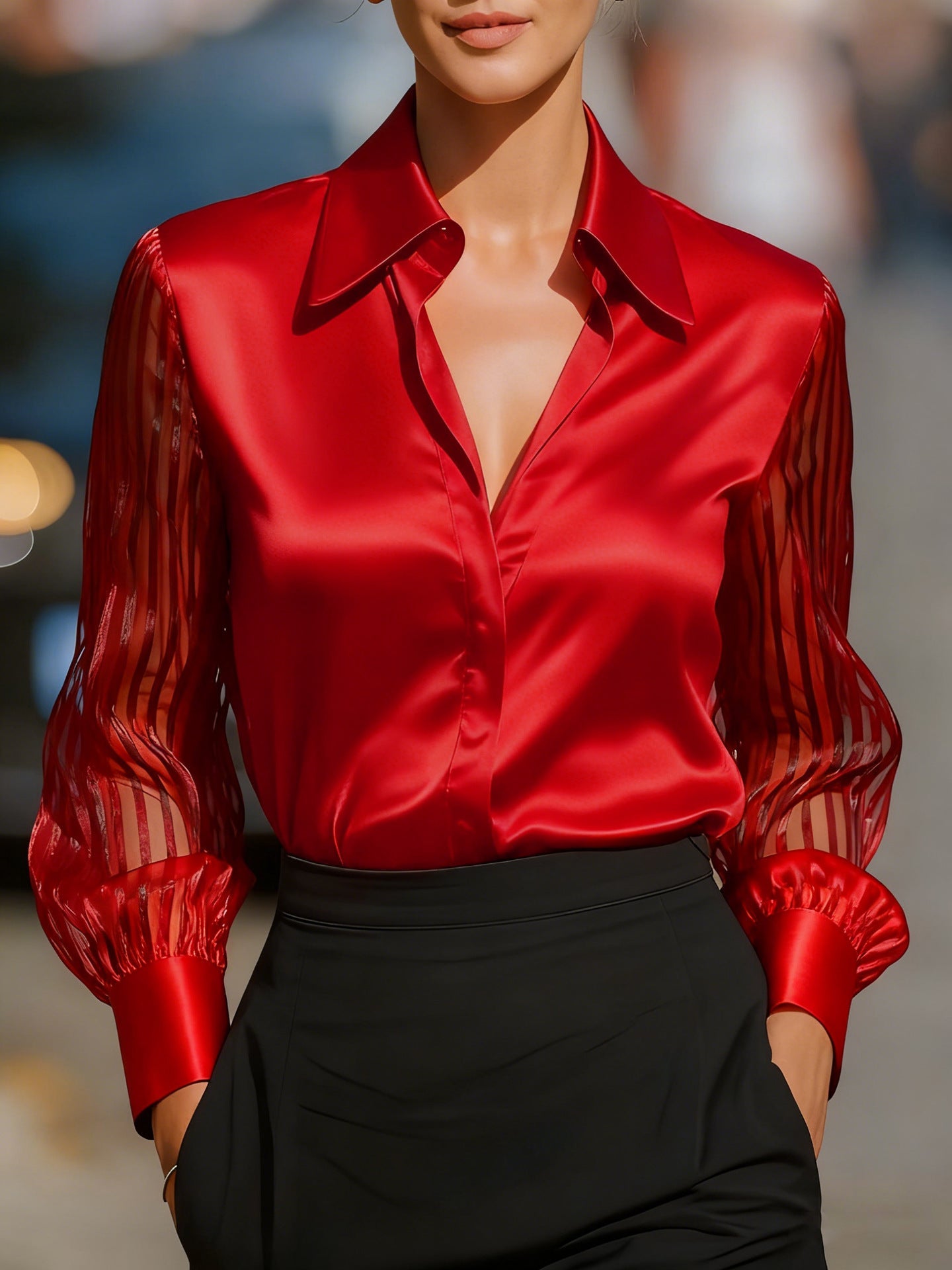 Solid Color Versatile Loose Satin Long Sleeve Shirt Women LadyShow.Store