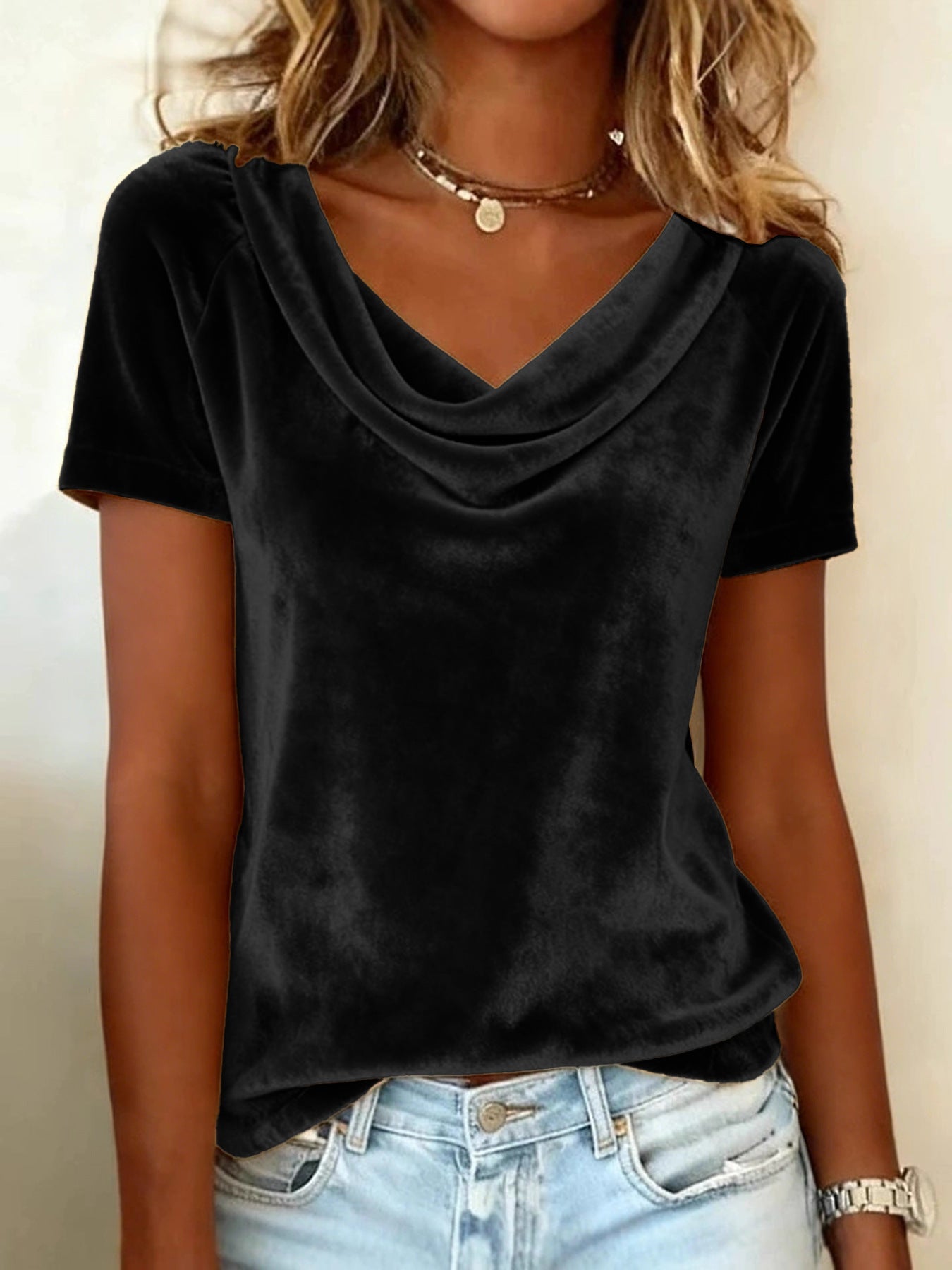 Womens New Solid-Colored Scoop-Neck Short-Sleeve Sexy Velvet T-Shirt LadyShow.Store