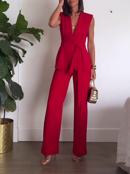 Red Sleeveless Tie Vest High Waist Pants Suit NorixaFashion.com