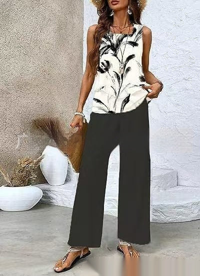Print Suits Sleeveless Double-layer Vest And Loose Straight Pants Womens Clothing NorixaFashion.com
