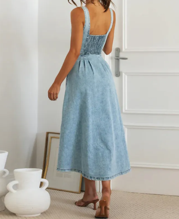 Women's Denim Buckle Midi Dress Pi-Mart