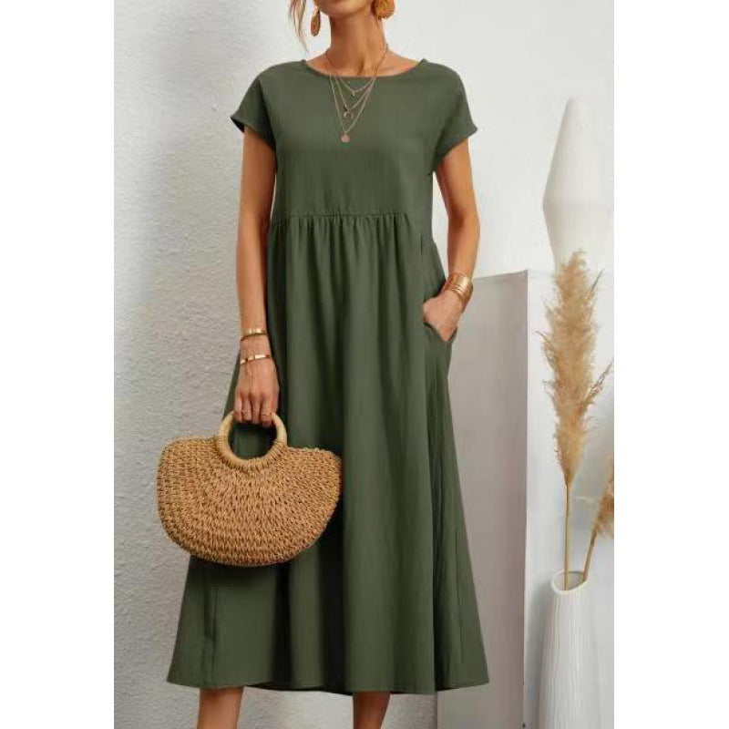 2026 New European And American Women's Round Neck Solid Color Pullover Comfortable Casual Dress NorixaFashion.com