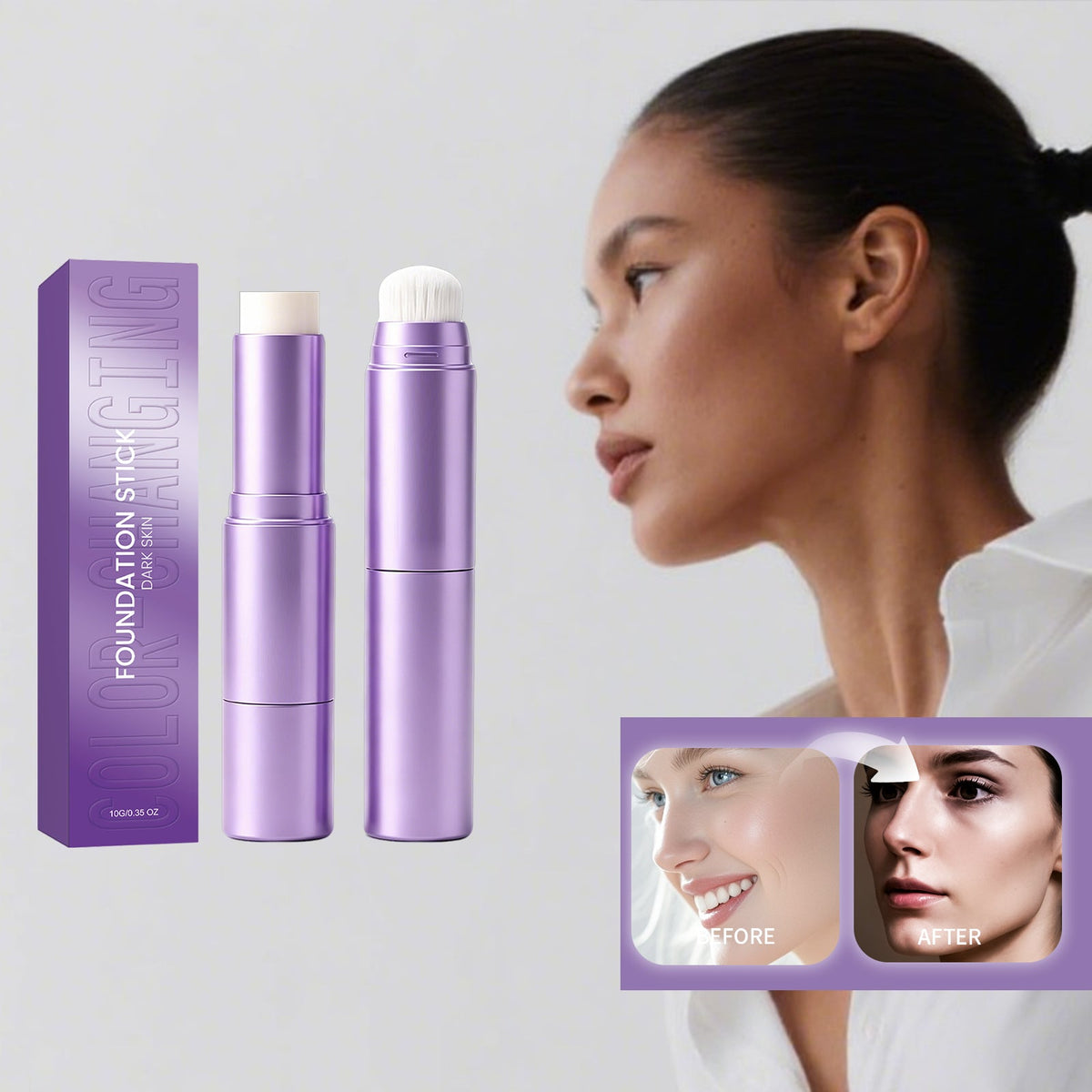 Light, Thin, Delicate, Skin Friendly, Easy To Put On Daily Makeup, No Mask, Two In One Color Changing Foundation Make-up Stick  Dark Skin Color , 10g, 1 Box Tri Light Beauty
