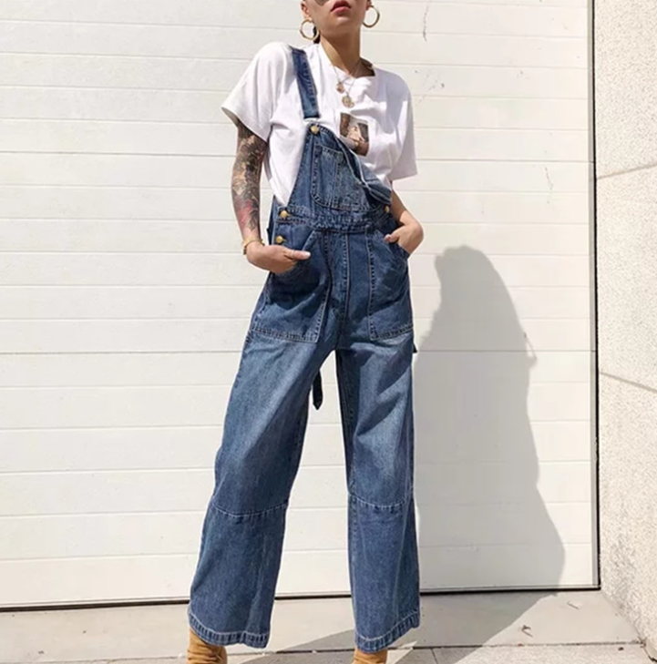 Loose Pocket Overalls Denim Pants Pi-Mart