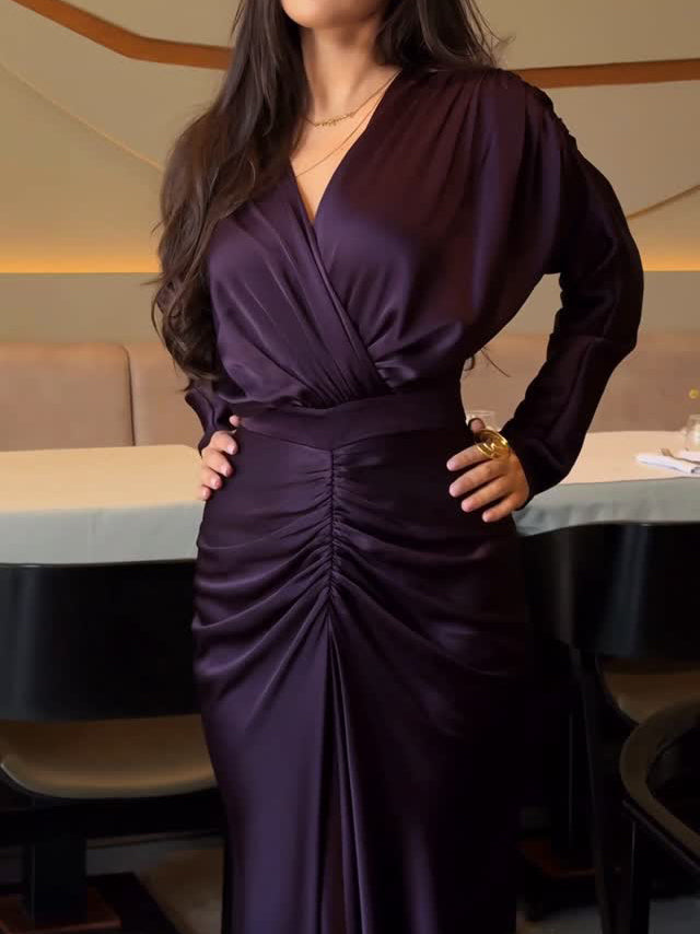 Plum Satin Maxi Dress With Wrap Front And Ruched Detail NorixaFashion.com
