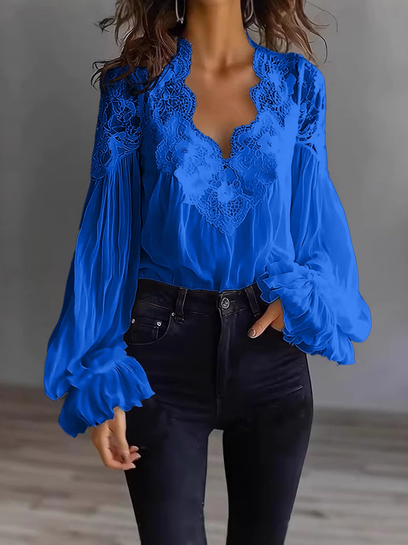 Lace-panelled Ruffled Puff-sleeve Pleated Shirt NorixaFashion.com