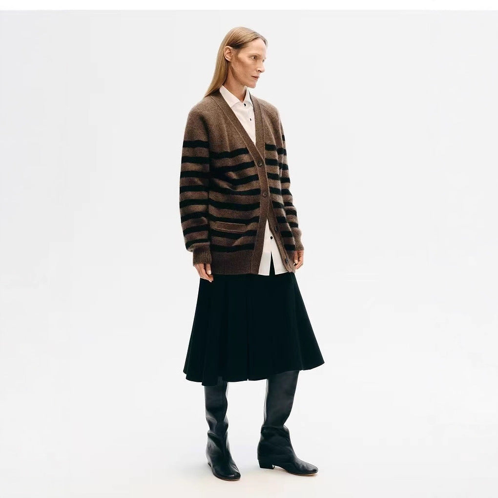 Womens Striped Wool Color-Block Knitted Cardigan Coat Best YouTube Store