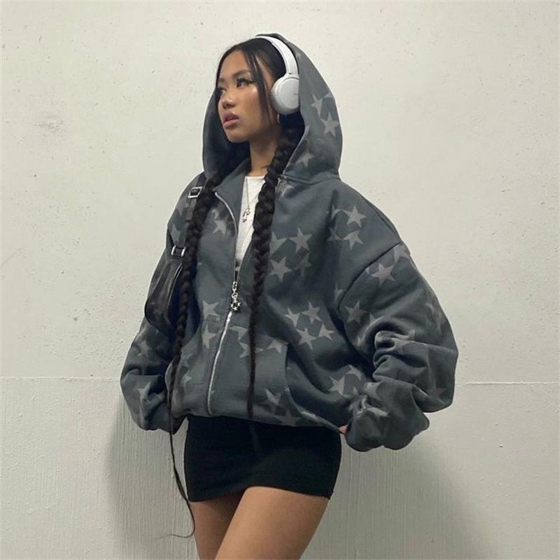 Stars Printed Zipper Hooded Cardigan Couple Fashion Outerwear Hoodies Sweatshirt Street Men Women Coat LadyShow.Store