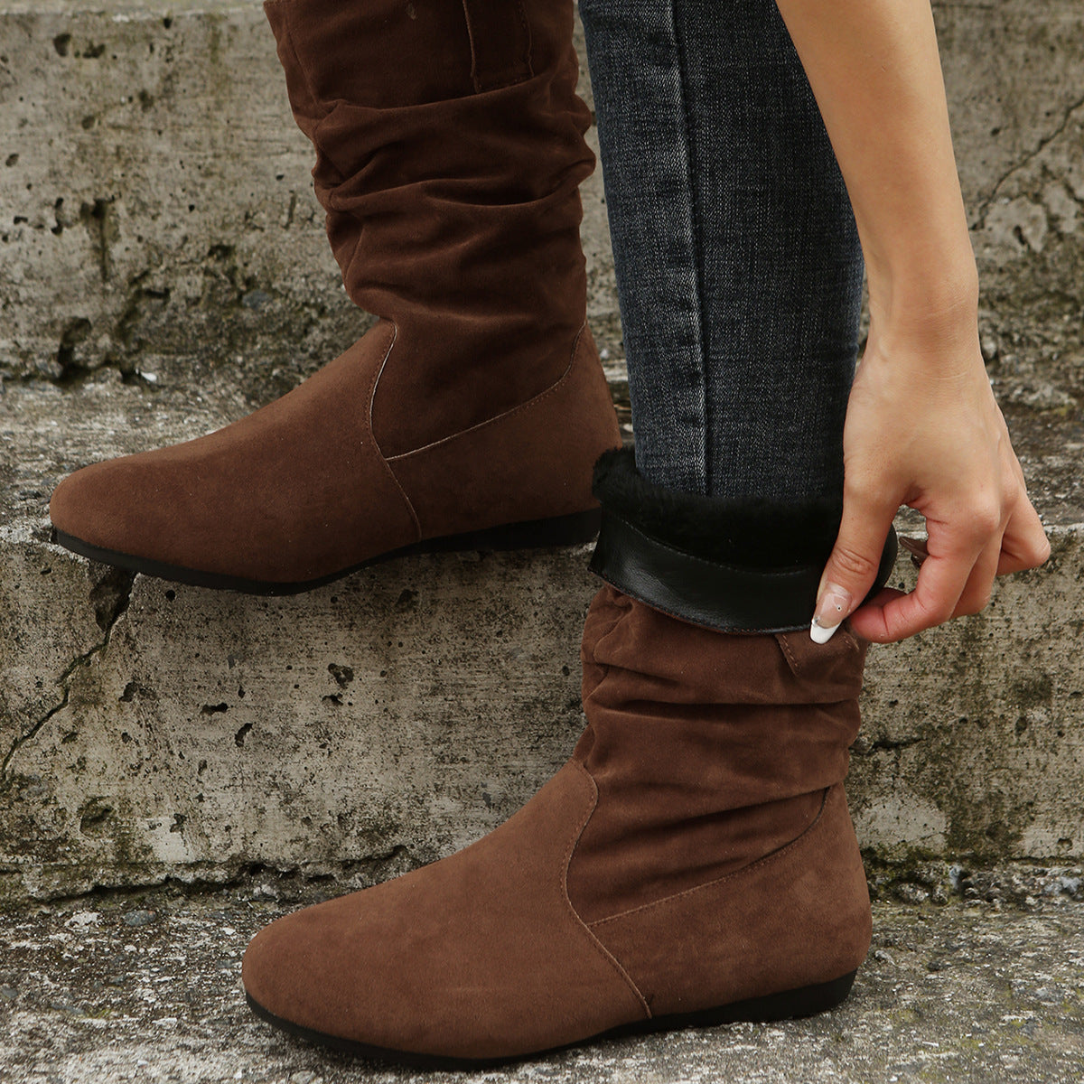 Round Toe Flat Boots Fashion Solid Color Suede Mid-calf Boot Winter Warm Shoes For Women LadyShow.Store