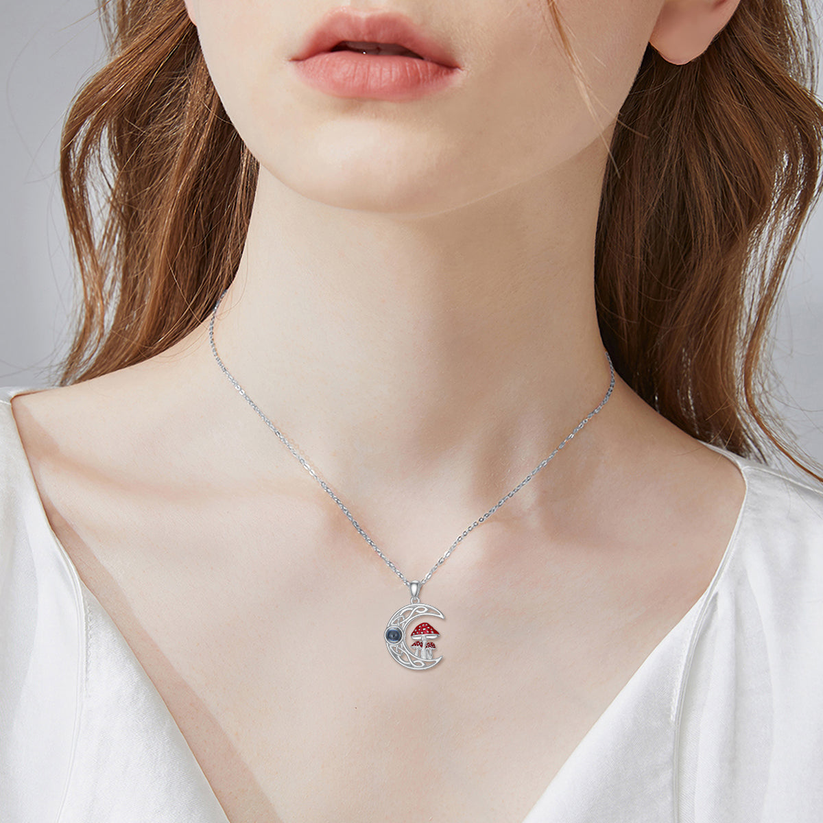 100 languages I Love You Projection Stone Mushroom Moon Necklace Sterling Silver LadyShow.Store