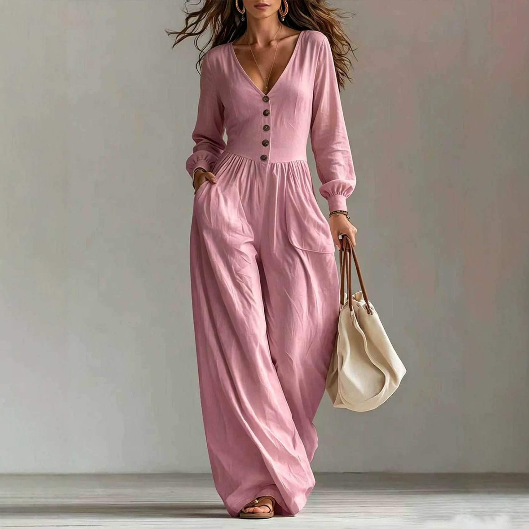 New Autumnwinter Casual Chic Womens V-neck Long-sleeve Jumpsuit With Pockets NorixaFashion.com