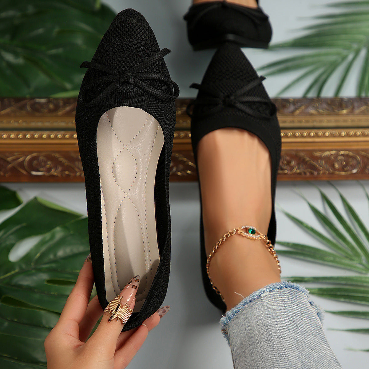 Bow Knitted Loafers Ins Fashion Pointed-toed Flats Shoes For Women CJD