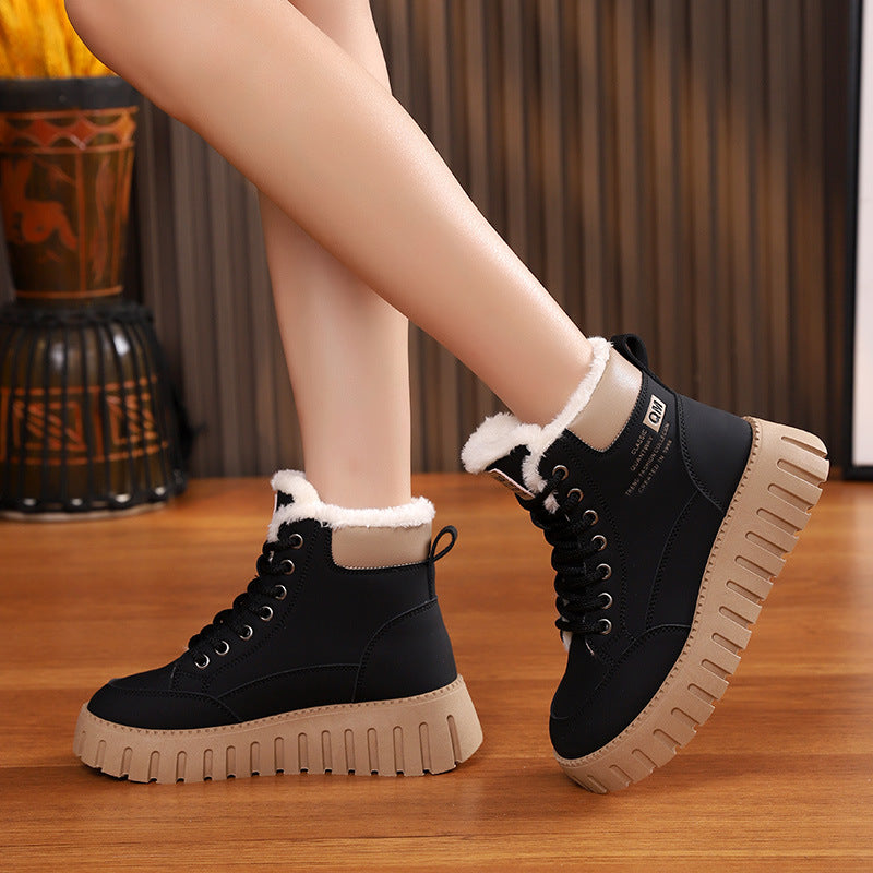 Ins Lace-up Snow Boots Winter Warm Fleece Flat Shoes For Women Fashion Casual Plush Ankle Boot CJD
