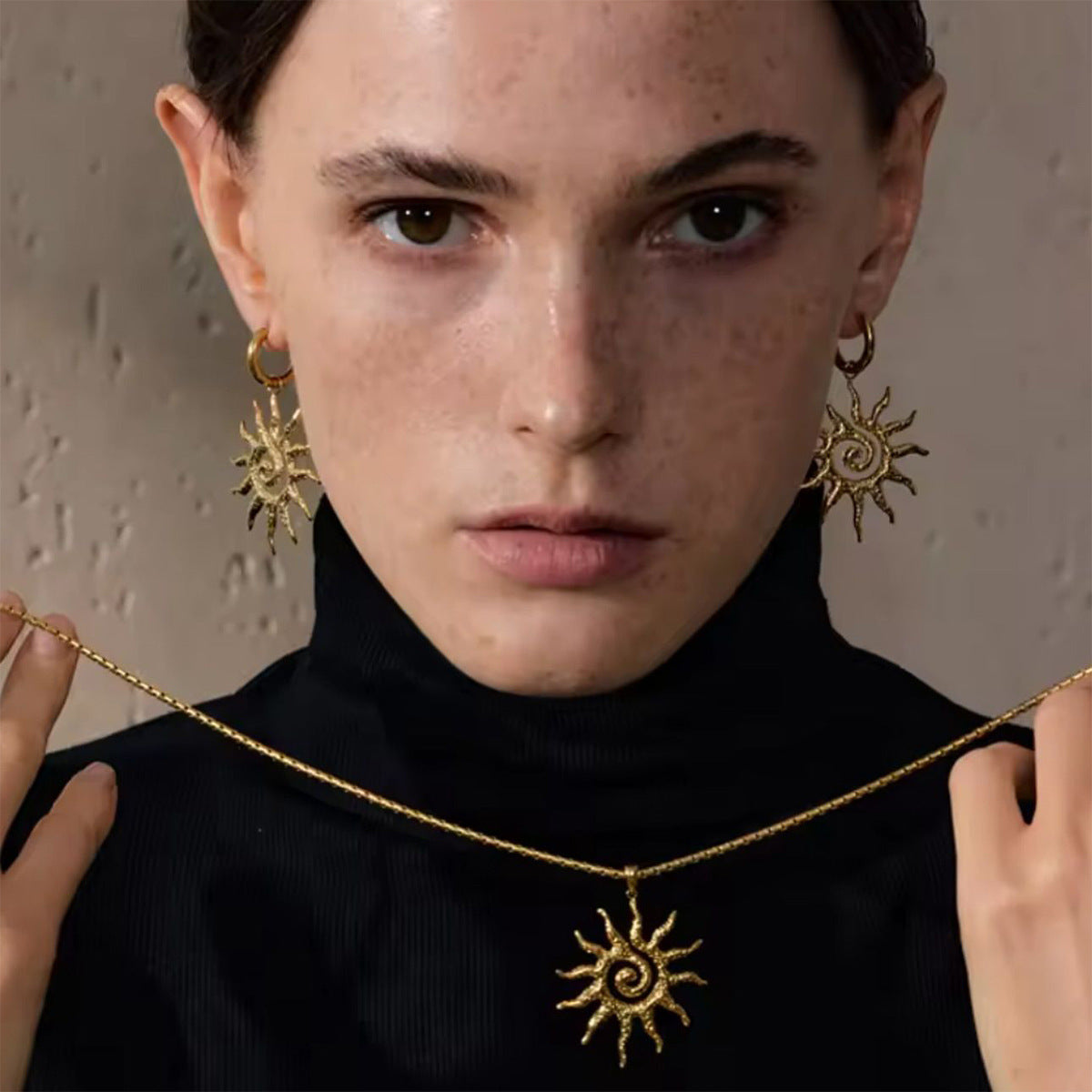 Gold Sun Necklace Hollow Pendant Earrings LadyShow.Store
