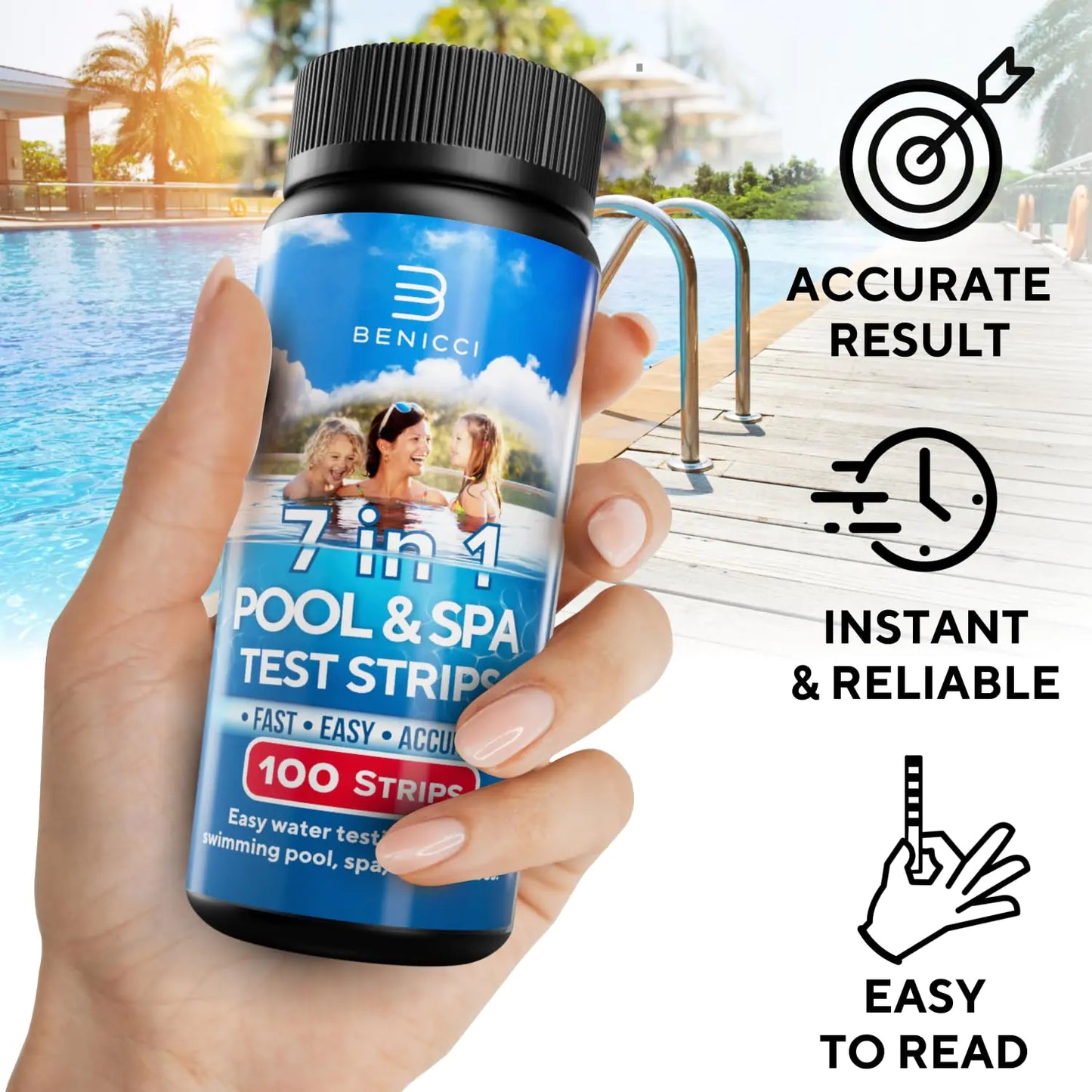 7 in 1 Pool and Spa Test Strips Kit 100 Accurate Test Strips for Spa, Swimming Pool and Hot Tubs - Fantastic for Homes or Commercial Use -  PH Water