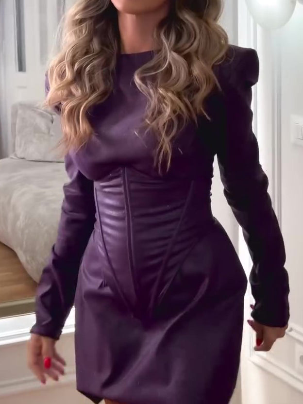Purple Mini Dress With Structured Shoulders And Corset Waist NorixaFashion.com