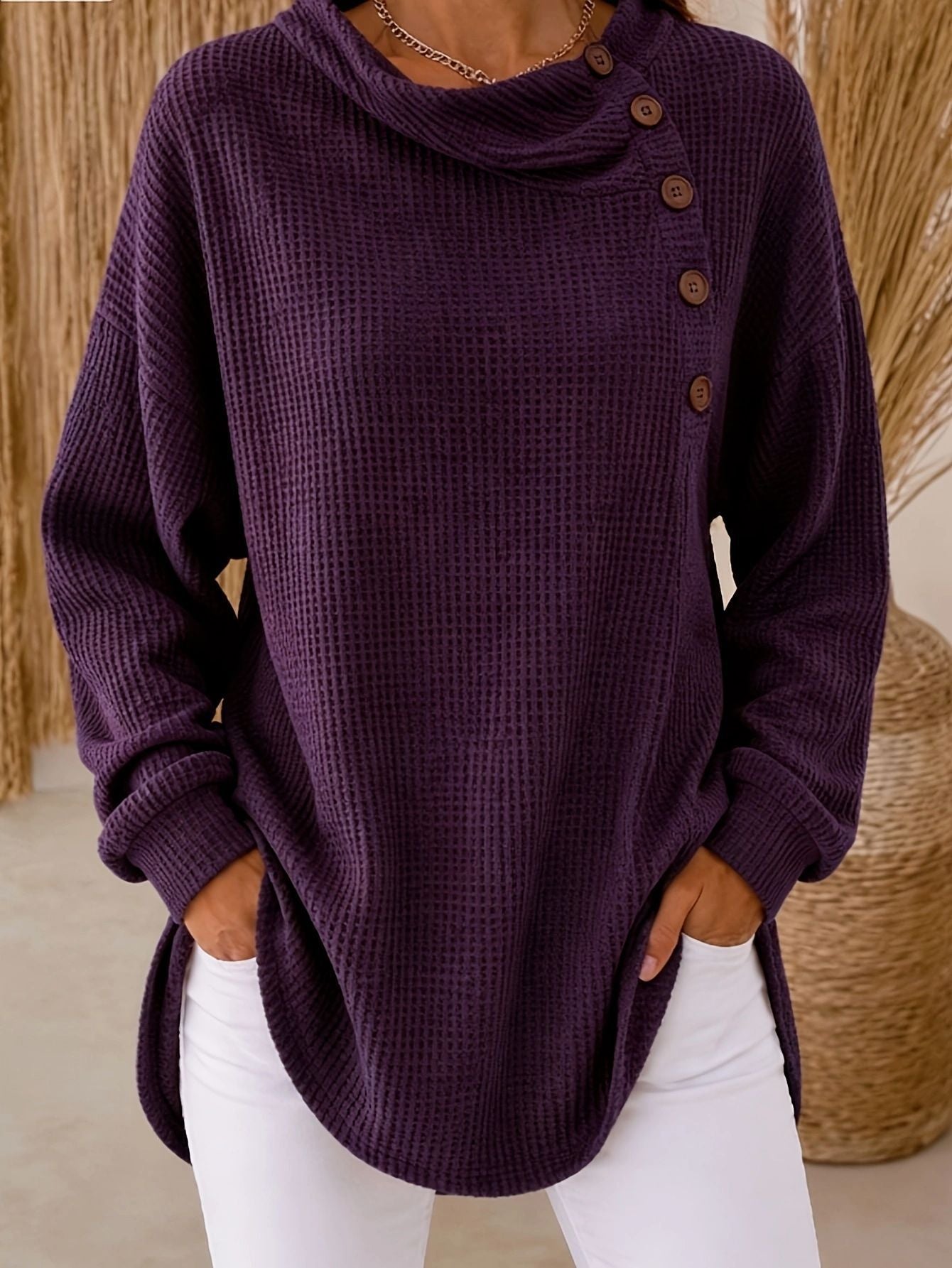 Womens Solid-Color Waffle-Weave Long-Sleeve Button-Up Casual Shirt Comfortable Top NorixaFashion.com
