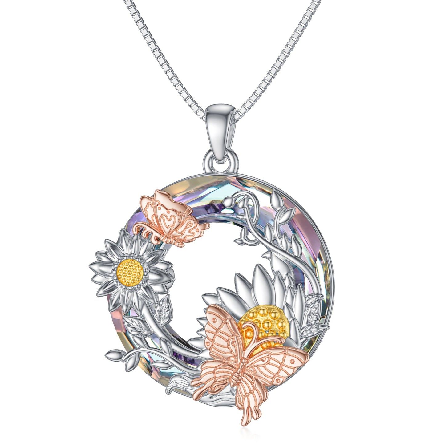 Crystal Sunflower Butterfly Necklace in Rose Gold and Gold Plated Sterling Silver LadyShow.Store
