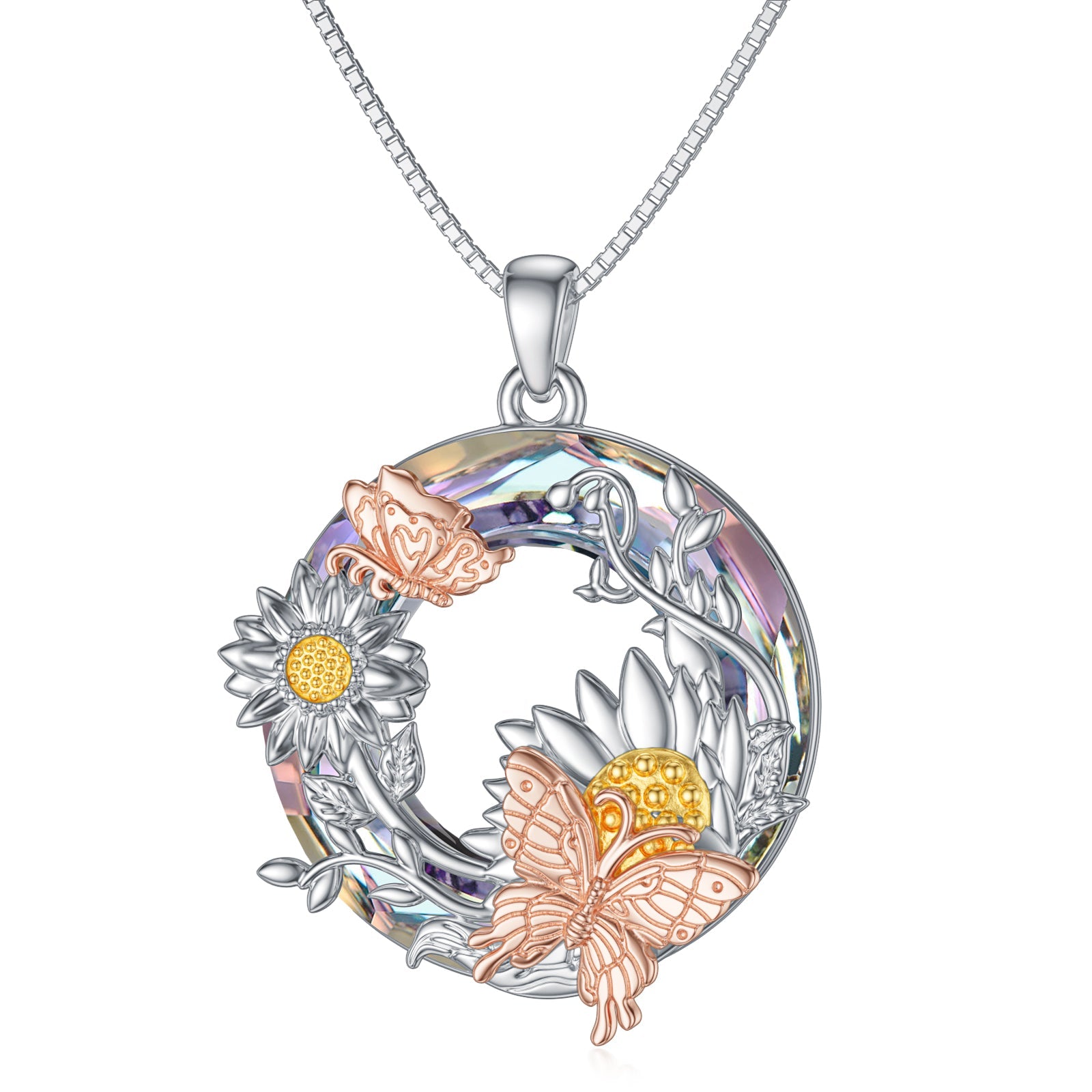 Crystal Sunflower Butterfly Necklace in Rose Gold and Gold Plated Sterling Silver LadyShow.Store