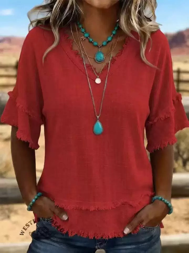 Casual Women's Shirt V-Neck Short Sleeve Loose Fit Pure Color Summer Fashion Trend Pullover Tops For Daily Wear LadyShow.Store