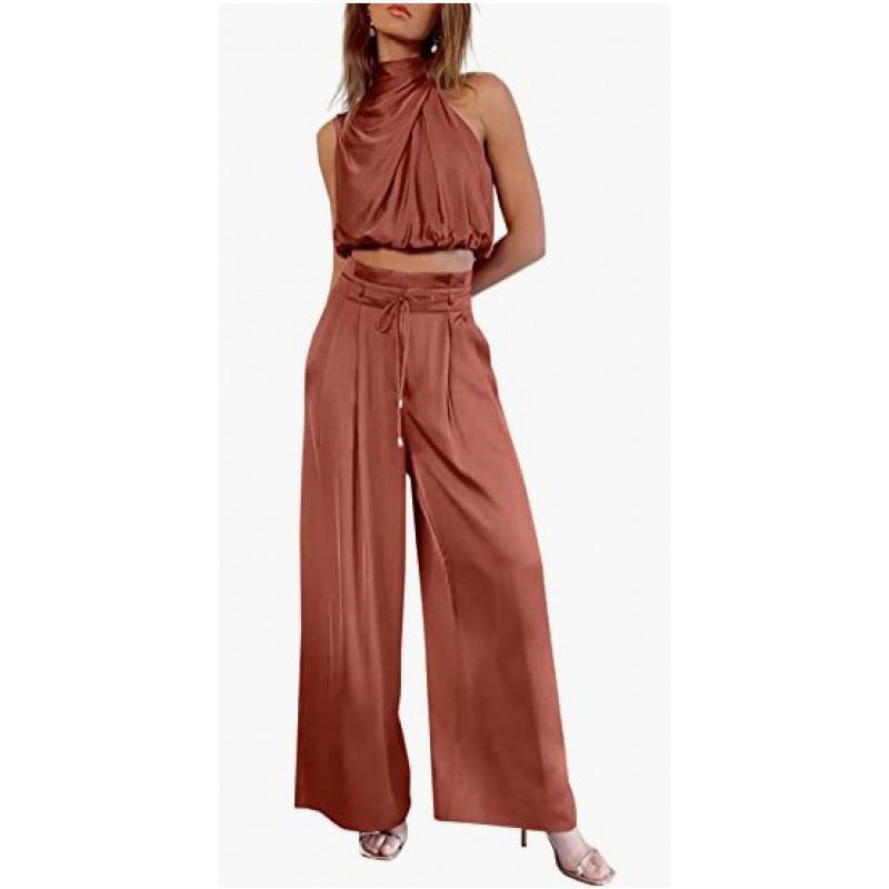 Summer Suits Casual Sleeveless Midriff-baring Top And Wide Leg Pants 2pcs Set Womens Clothing NorixaFashion.com