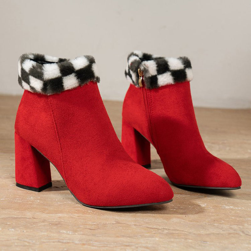 New Plaid Print Plush Ankle Boots Winter Fashoin Square Heel Suede Boots Women Casual Versatile Shoes Autumn And Winter LuxuryLifeWay Online Store