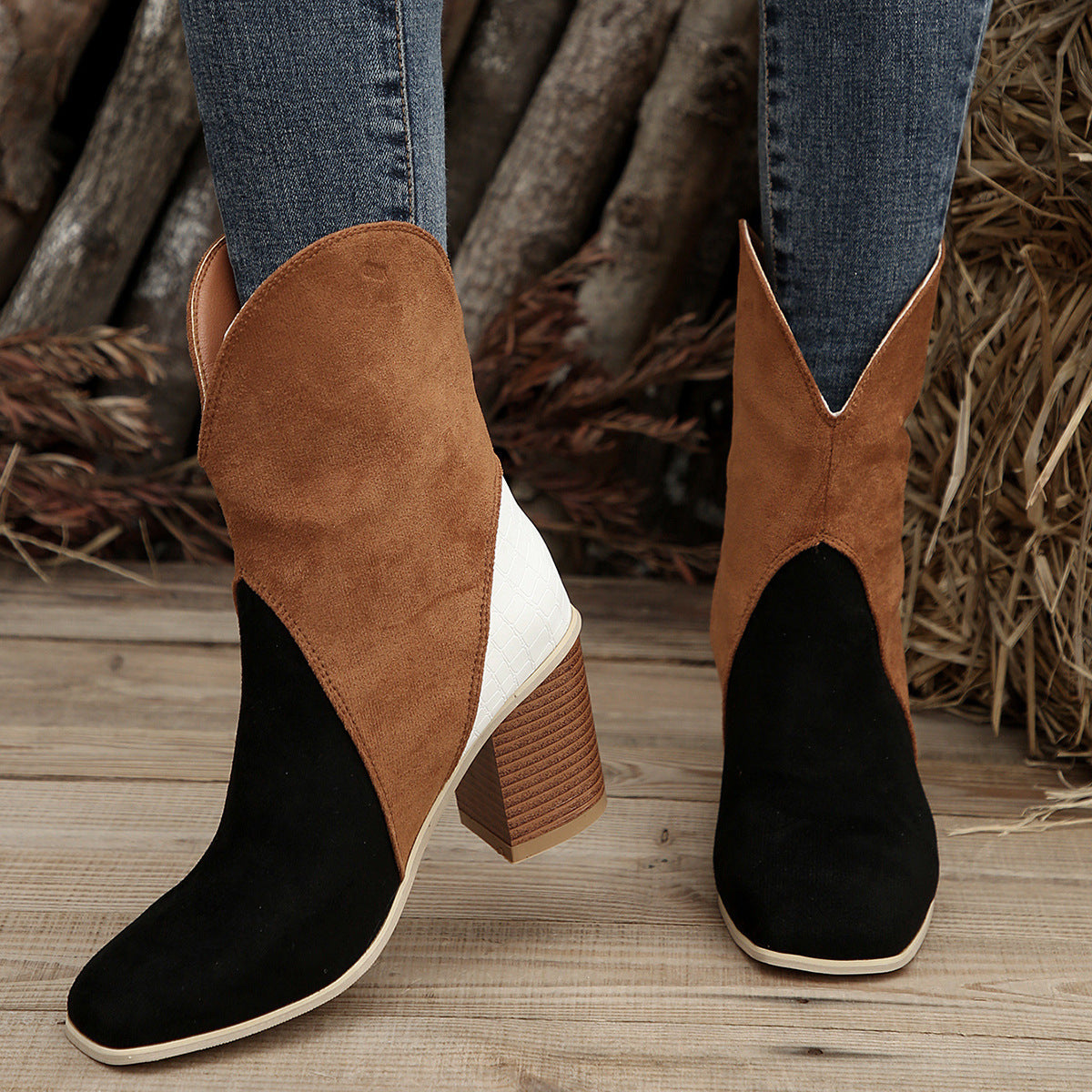 Fashion Splicing Suede Boots Retro Pointed-toe Square High Heel Mid-calf Boots For Women Fall And Winter Shoes LadyShow.Store
