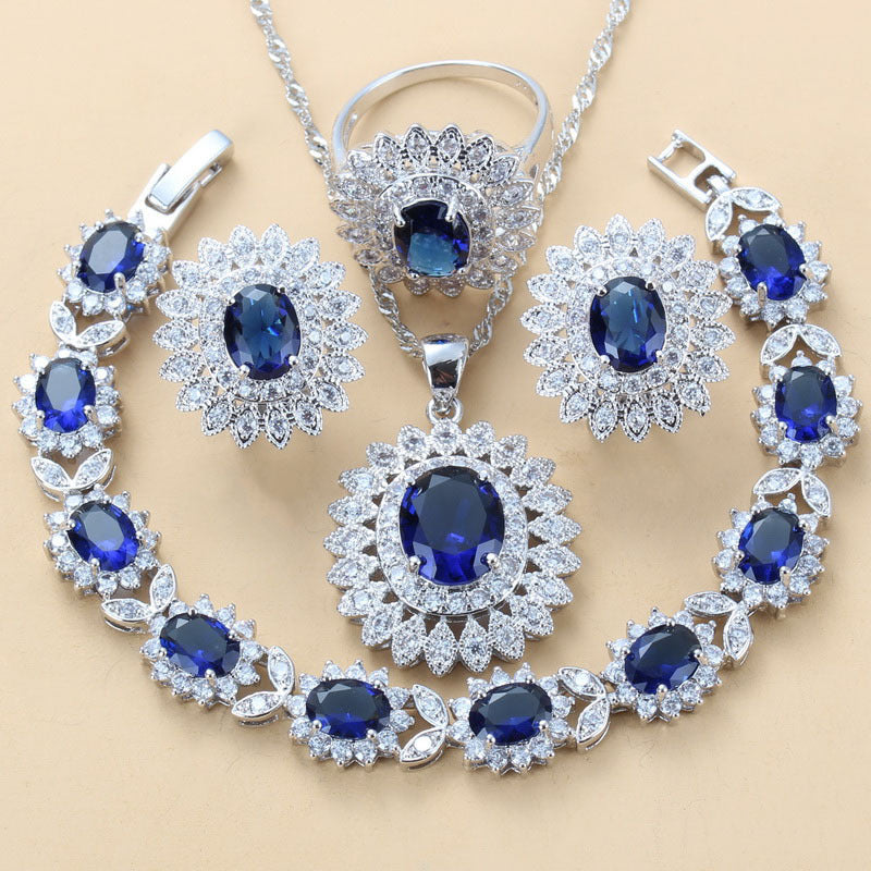 Garnet Cubic Zirconia Earrings Pendant Necklace Bracelet Ring Gift 4 PCs Set LadyShow.Store